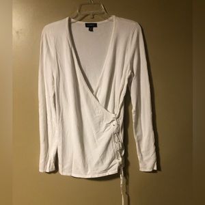 Le Chateau Long Sleeve White Wrap Style Drawstring side Cinched Pullover Sweater